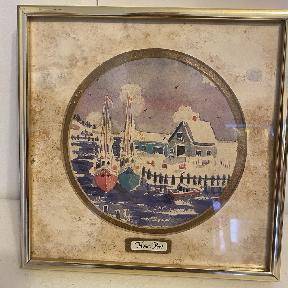 Vintage Watercolor Painting Home Port Sea Cap View Framed 8.5x8.5” Wall ArtDecor